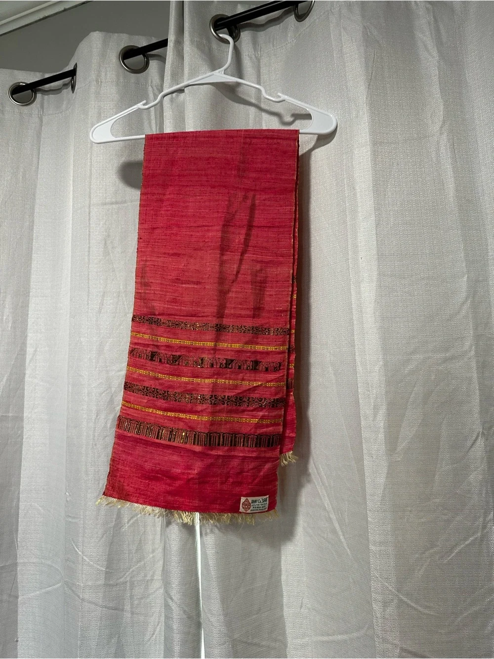Vintage 100% pure Thai Silk Red Handloom Scarf with Woven Accent Stripes